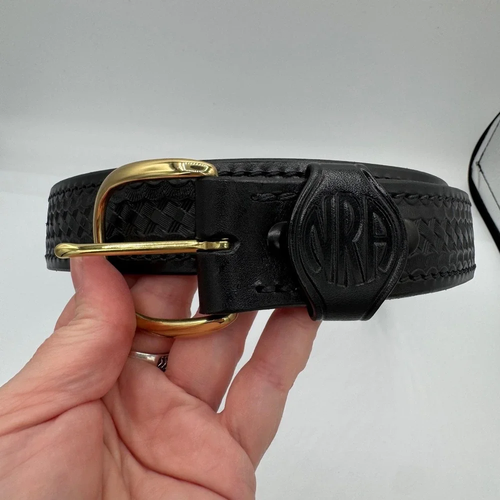 Aker Leather B01 Basketweave Belt Black Brass Buckle Mens 38 Made in USA